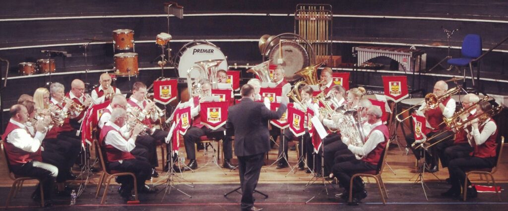 Jayess Newbiggin Brass Band with percussion set up at back